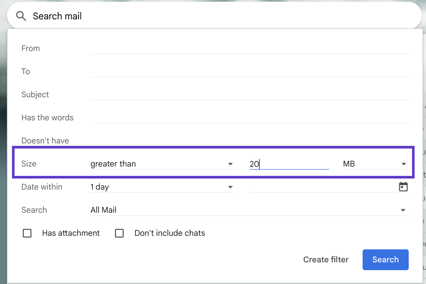 Gmail Large File Size Filter