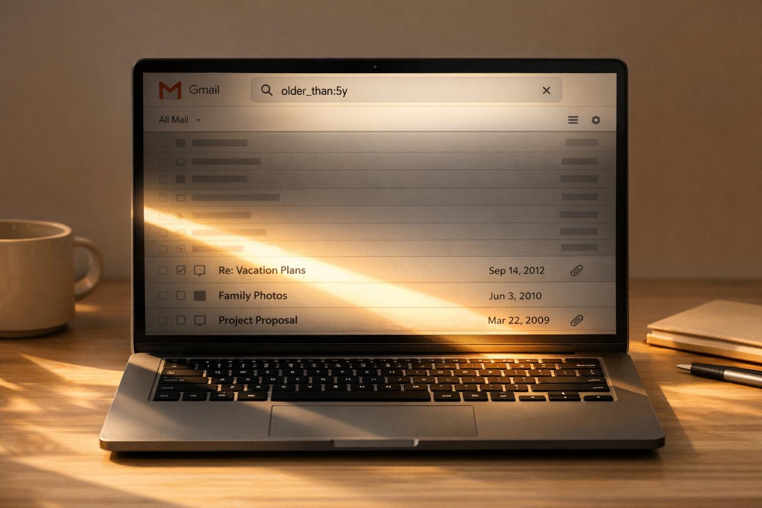 Jump to your oldest Gmail messages using the All Mail view or search operators like older_than:5y; locate large attachments and free up storage.